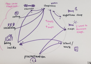 EB's Circle Connection graph for measuring me part 2. It shows how exercise, eating, socializing, and being inside contribute to sleepiness, which contributes to naps.