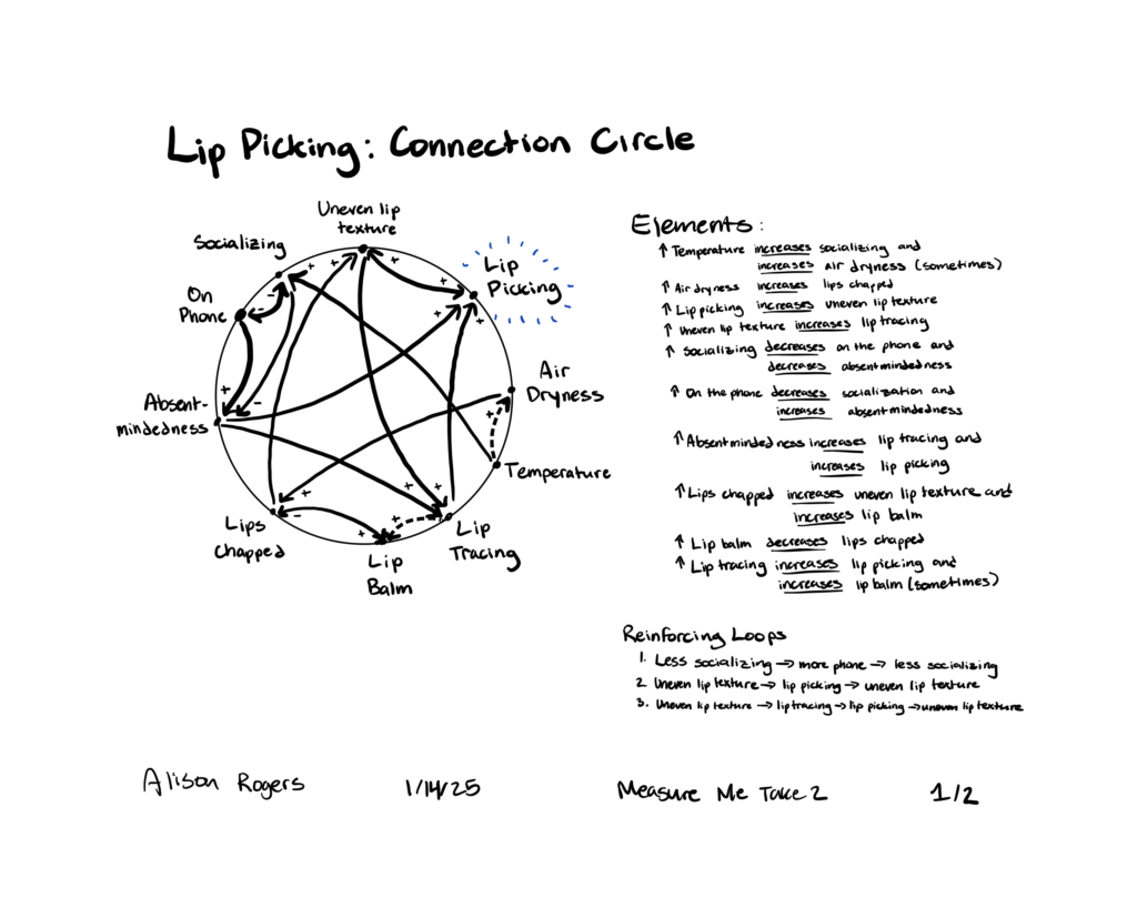 A connection circle of lip picking. Traces the relationships between lip picking, air dryness, temperature, lip tracing, lip balm, lips chapped, absentmindedness, on phone, socializing, and uneven lip texture. Key takeaways summarized in writing below image.