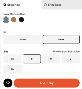 Screenshot of Patagonia's interface for adding an item to the cart